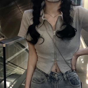 Grey Polo Neck Short Sleeve T-Shirt Womens Summer Design Dual Zipper Short Top Trendy Korean Loose Fit Polyester Cotton Blend