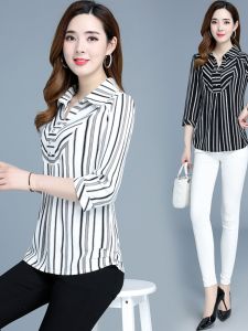 Áo Sơ Mi Vải Voan Kẻ Sọc Mùa Hè Cho Nữ Dáng Rộng Tay Lửng Che Bụng Dáng Thường Cổ Polo Chất Liệu Khác 100%