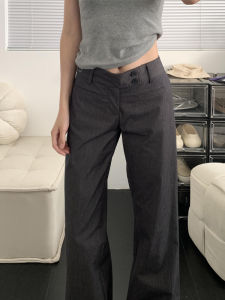 Quần Ống Rộng Cạp Thấp Dáng Rộng Dài Màu Xám Cho Nữ Mùa Xuân Thu Quần Ống Rộng Ôm Sát Cơ Thể Quần Dài