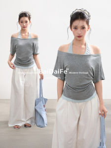 BAIDAIFEI | Gray Neck Hanging Off Shoulder One-shoulder Faux Two-piece T-Shirt Womens Top