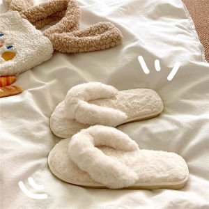 Self-Retained Super Thick ~! Warm Fleece-lined Winter Cotton Slippers Female Ins Outwear Home Non-Slip Herringbone Fluffy Slippers