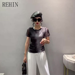 REHIN Womens T-shirt Summer New Fashion Mesh Round Neck Printed Short Sleeve Shirt Slim Fit All-Match Tops