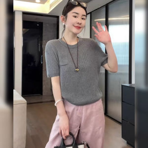 Áo thun BINKAFENNY nữ làm bằng vải dệt kim màu xám cổ tròn tay ngắn