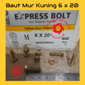 (5 pcs) Baut Mur Kuning 6x20 / Baut Kuning M6 / BMK / Baut Hexagon