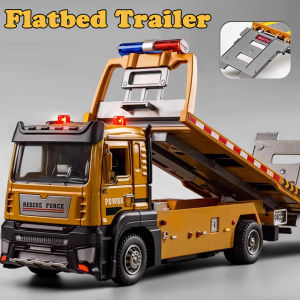 Alloy Diecast 1:32 Flatbed Trailer Road Rescue Truck Model Toys Miniature Car Sound Light Pull Back Doors Opened Vehice Kid Gift