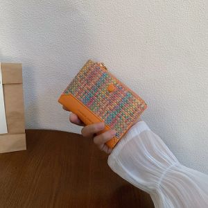 Color-Block Woven Short Wallet for Women Lightweight Slim Korean Style Student INS Small High-End Feeling Leather Clip Card Holder