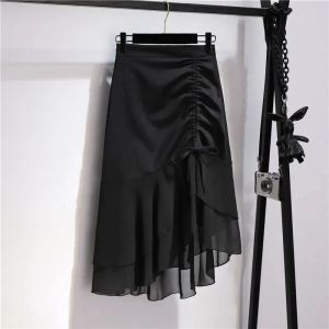 High Waist Midi Skirt Irregular Design Summer 2024 Womens Fashion Fish Tail Hemline Polyester Korean Style Commute Skirt