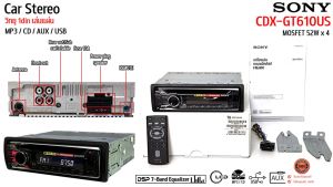 เครื่องเสียงรถยนต์ SONY CDX-GT610US วิทยุ 1din เล่นแผ่น รองรับการเล่น MP3 CD AUX USB Pre Out 2 Front+Rear/Sub switchable