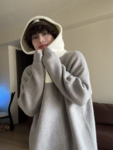 เสื้อสเวตเตอร์ถักมีฮู้ดคอวีสไตล์อเมริกัน สไตล์เกาหลี ทรงหลวม ลายทาง คอกลม แฟชั่น เสื้อผ้าผู้ชาย ฤดูใบไม้ผลิและฤดูใบไม้ร่วง