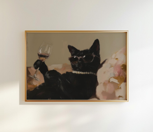 "Fancy Black Cat" Wall Print Decor - Stylish Painterly Illustration of a Black Cat in Sunglasses and a Pearl Necklace Holding a