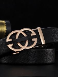 Mens Leather Belt Automatic Buckle Casual Leisure Business Mid-aged Young Fashion Litchi Pattern Pants Belt Alloy Buckle