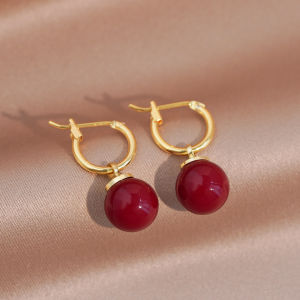 Pianist | Red Round Pearl Earrings S925 Sterling Silver