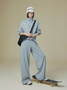 MeiYang Casual Wool Blend Sweatshirt And Straight Leg Pants Set Fashionable Zipper Half Open Style Long Sleeve Stand Collar