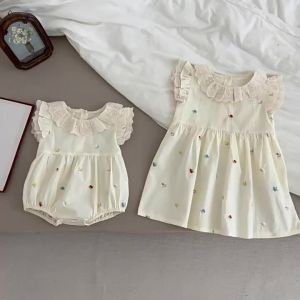 Girls Flying Sleeves Dress Summre New Cute Embroidery Printed Princess Dress Toddler Kid Clothes 2-6Y Ruffled Collar Clothing