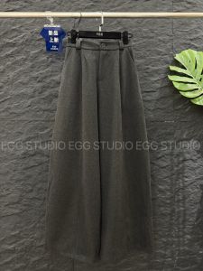 High Waist Slimming Woolen Casual Pants Women Loose Straight Leg Wide Leg Pants Elastic Waist Autumn New Arrival European Style