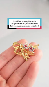 KERONGSANG TUDUNG Floral Saduran Emas 24K Permata Merah dan Putih Zhulian