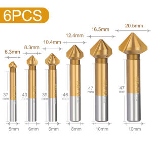 XCAN 6pcs 3 Flute HSS Countersink Drill Bit 90 Degree Countersink Chamfering Tools Chamfer Cutter 6.3/8.3/10.4/12.4/16.5/20.5mm