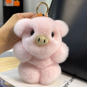 [Cute Pig] Real Rex Rabbit Hair Car Key Ring Pendant Stuffed Doll Backpack Bag Charm Birthday Gift