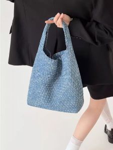Retro Handwoven Denim Bucket Bag Womens Summer Tote Handbag Single Shoulder Slant Cross Bag Soft Fabric Korean Style