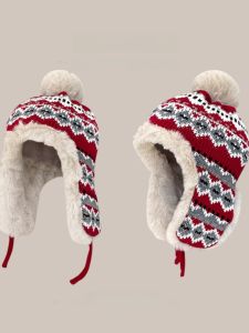 Japanese Ethnic Style Knitted Hat for Women with Floral Embroidery Autumn Winter Fleece Lining Travel Ski Hat Ear Protection Wool Hat