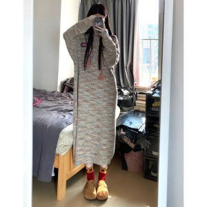 YUEZHONGWEI | Thickened Hooded Knitted Stripe Dress