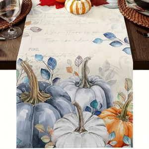 1 Piece of Halloween-Themed Table Runner Blue Pumpkin and Green Eucalyptus Leaf Design Suitable for Parties Restaurants Homes Markets and Holiday Decoration Scenes.