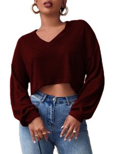 Loose Long Sleeve V-neck Short Top Solid Color Polyester Fiber Pure Color V-neck T-shirt for Women Autumn Season Regular Sleeve