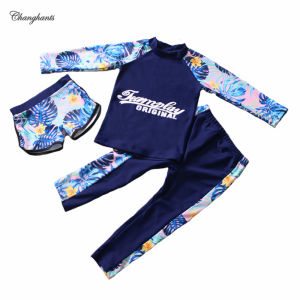 Swimming Outfit for Teens Girl 3 Pieces Set Swimwear for Kids Girls 3-16 Y Long Sleeve Rash Guard for Children 3 In 1 Set Swimsuit for Schoolgirl Deep Blue with Leaves Pattern