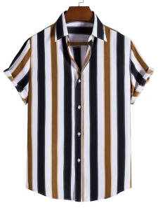 Retro Striped Lapel Shoulder Shirt Top Mens Classic Fit Shirt Youth Trend Summer Fashion Chinese Brand Casual Wear