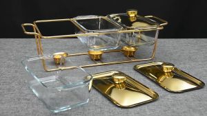 Buffet Stove Chaffing Dish Golden Rectangular Three-Grid Glass Dining Stove Glass Heating Container