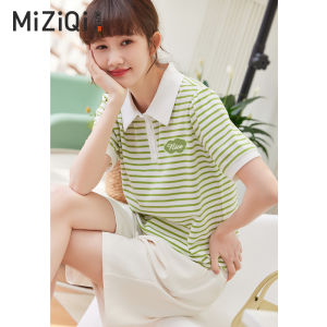 เสื้อยืดคอโปโลผู้หญิงแขนสั้นหลวมลายทางสีเขียวฤดูร้อน ทรงหลวม สไตล์เกาหลี เสื้อยืดคอกลมแขนสั้นผ้าโพลีเอสเตอร์ผสมคอตตอน