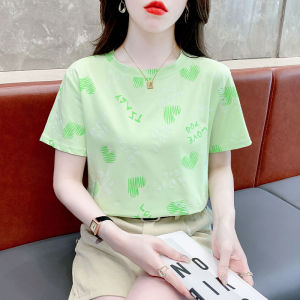 Pink Cotton Short Sleeve T-Shirt Womens Loose Fit Summer Design Love Letter Print Anti-Aging Top Korean Style round Neck