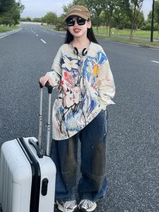 Fun Doodle Girls T-shirt Pure Cotton Casual Loose Childrens Sweatshirt Korean Style Autumn New Arrival for Middle And Big Kids