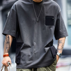 Bgyo American Retro Outdoor Zipper Pocket Design Short Sleeve Loose Color Block Functionality Style Mens T-Shirt Cotton Youth Casual Summer Wear