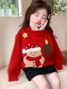 Girls Knitted Sweater Winter Thickened Long Sleeve Red Color Baby Bear New Year Visiting Clothes Childrens Fashionable Knitwear