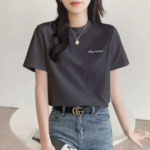 Gray Loose Short Sleeve T-Shirt High Collar Half Sleeve Regular Fit Student Top Spring Summer New Arrival Casual Cotton Blend