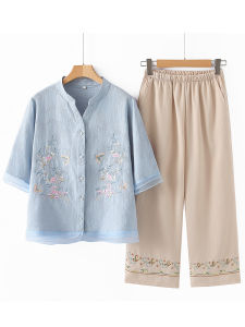 Bộ Đồ Mùa Hè Bằng Vải Lanh Cotton Thêu Thời Trang Cho Phụ Nữ Trung Niên Và Cao Tuổi Bộ Hai Mảnh Áo Sơ Mi Thường Ngày