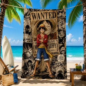 Bandai | One Piece Luffy Wanted Poster Beach Towel Manga Collage Microfiber Quick Dry Towel for Anime Fans Beach Pool Gym Travel