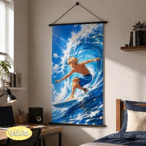 VIKAMA Anime Boy Lướt Sóng Xanh Dương Sóng Biển Tấm Thảm Cho Mùa Hè Thể Thao Bãi Biển Nghệ Thuật Treo Tường Trang Trí Cho Phòng Ngủ Phòng Khách