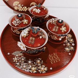 Wedding Celebration Red Ceramic Tea Cup And Bowls Set Dragon And Phoenix Couples Changing Mouth Bowl Wedding Gifts