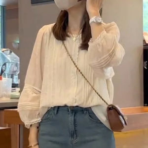 Shalldoer | French Lace Splicing Design Long Sleeve Womens Shirt Loose Bubble Sleeve Top Casual Style Round Neck Button Detail