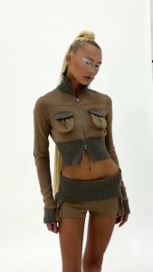 LSOUL LAVEST SET ชุดเสื้อแจ็กเก็ตหนังครอปท็อป มีซิป + กางเกงขาสั้นสีน้ำตาล (ขายแยก)