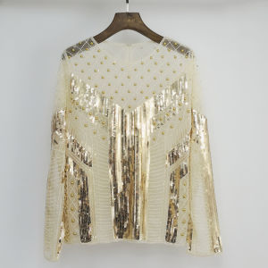 RYRYSTYLE New High-End Luxury Celebrity Lace Shirt Sequin Studded Bead Shirt Elegant and Transparent Top for Women