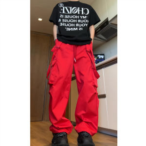 American Style Red Workwear Pants for Men Straight Leg Wide Leg Trousers Detachable Straps Back to School Early Autumn Outfit