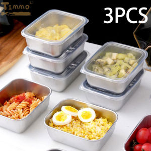 3Pcs Stainless Steel Food Storage Box with Lid Kitchen Fresh-keeping Box Rectangle Fruit Dish Leftover Container Lunch Box