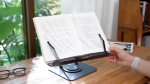 Multifunctional 360° Rotating Book Stand Foldable Height Adjustable Wooden Aluminum Reading Holder with Elastic Page Clips Hands Free Cookbook Recipe Tablet Laptop Display Stand Gift for Students Cooking Lovers Office Workers