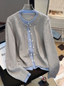 ชิค นุ่ม ถักสีเทา คาร์ดิเกน ผู้หญิง เสื้อท่อนบน สไตล์เกาหลี สองชิ้นปลอม สลิมฟิต ปิดกระดุมเดียวคอกลมแขนยาว