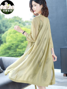 Silk Knitted Hollow out Long Sleeve Womens Cardigan Thin Ice Silk Open Shirt Summer Mid-Length Loose Style Mom Sunshade Shawl