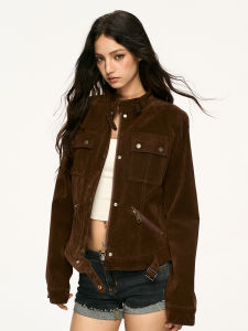 Áo Khoác Moto cổ Suede màu Nâu Vintage cho Nữ kiểu Ngắn