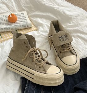 High-Top Casual Sneakers Womens Flip-Up Thick Bottom Leisure Shoes Korean Style Cross-Buckled round Toe Rubber Outsole